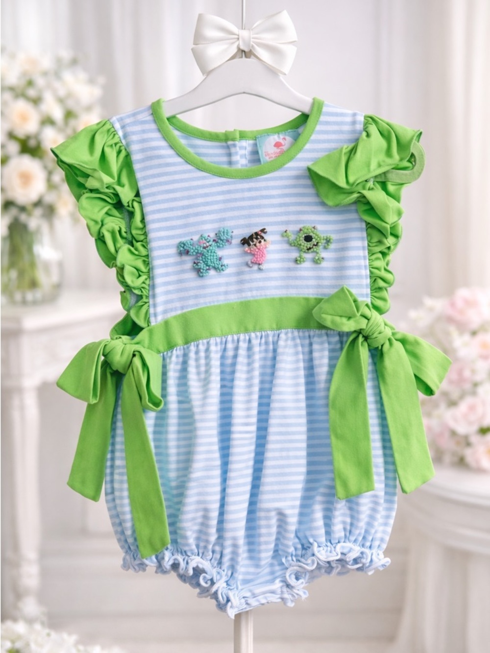 Rare Character Smocked Flamingo French Knot Monsters Inc Bubble Romper 18M